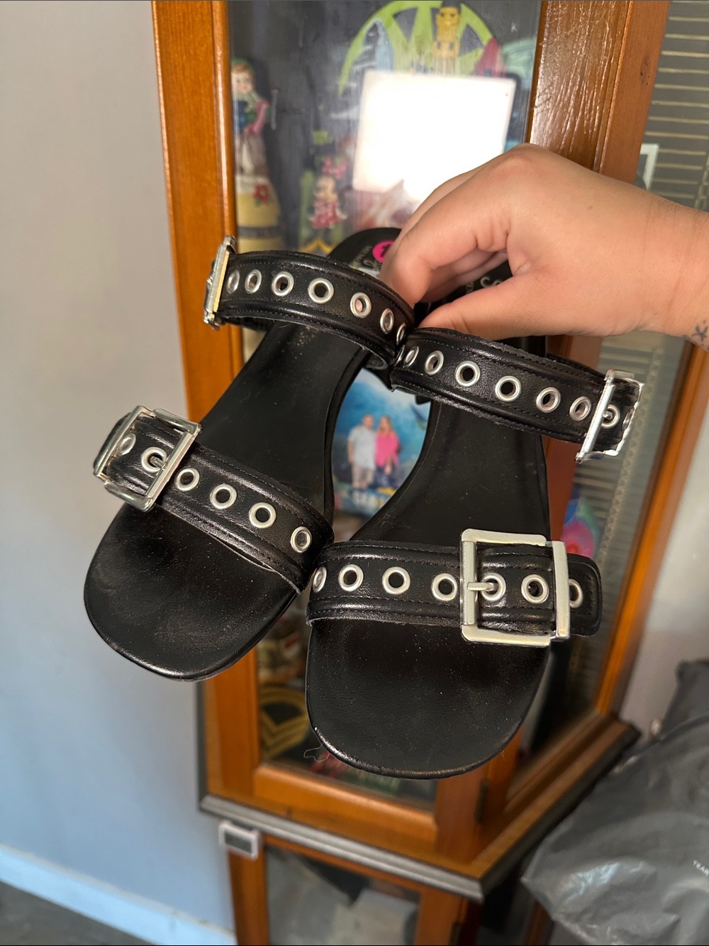 Seychelles Black Buckle Sandals with Silver Eyelets